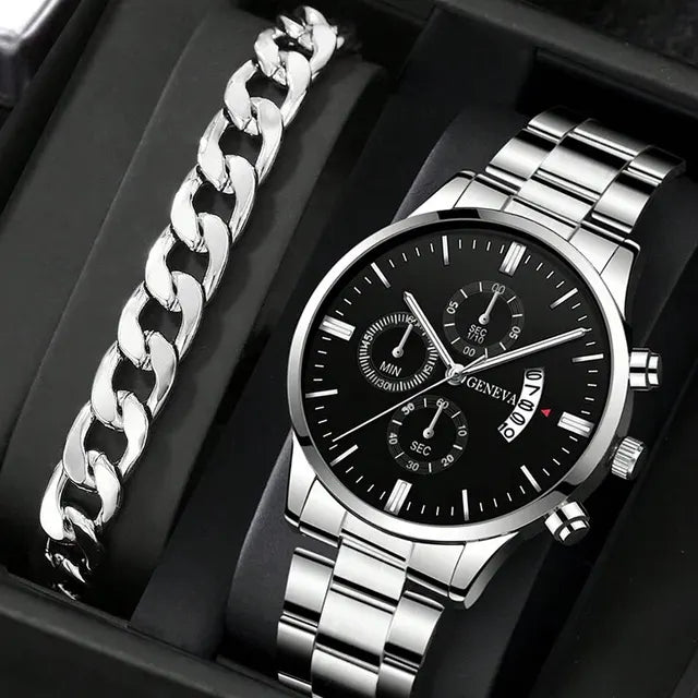 Scenteck Heren Quartz horloge - Luxury Stainless Steel with Calendar, in rvs en zwart met bijpassende armband